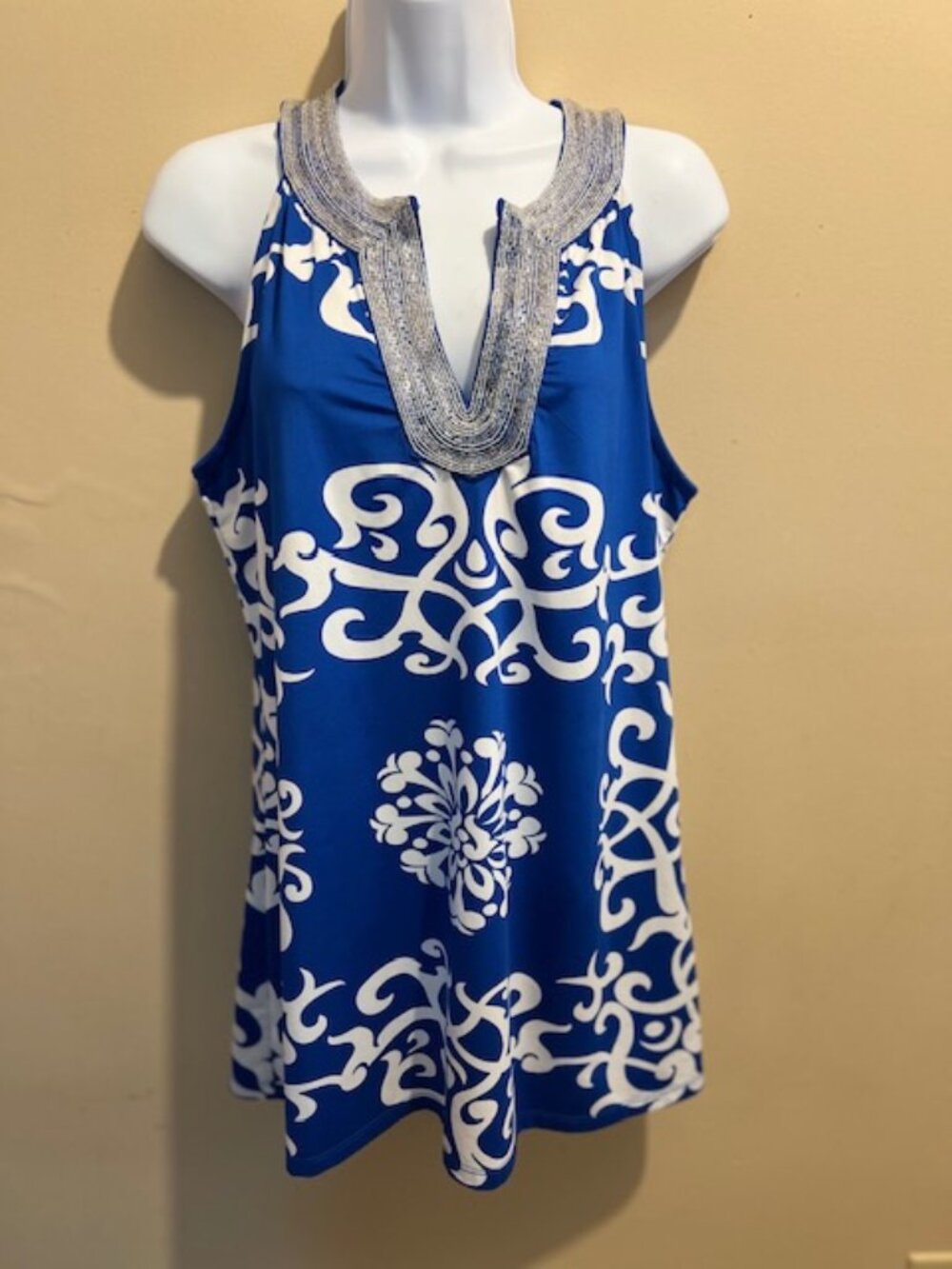 INC, tunic top, bright royal blue/white, beaded neckline